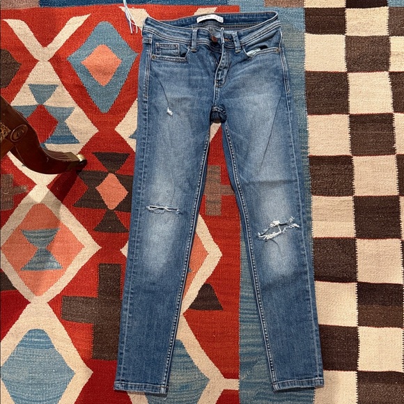 LIKE NEW! Zara Blue Skinny Jeans with Distressed Details - Picture 1 of 5